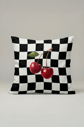 Kiraz Desenli Dama Kırlent Kılıfı 009 – Retro 45x45 cm Dekoratif Yastık Kılıfı