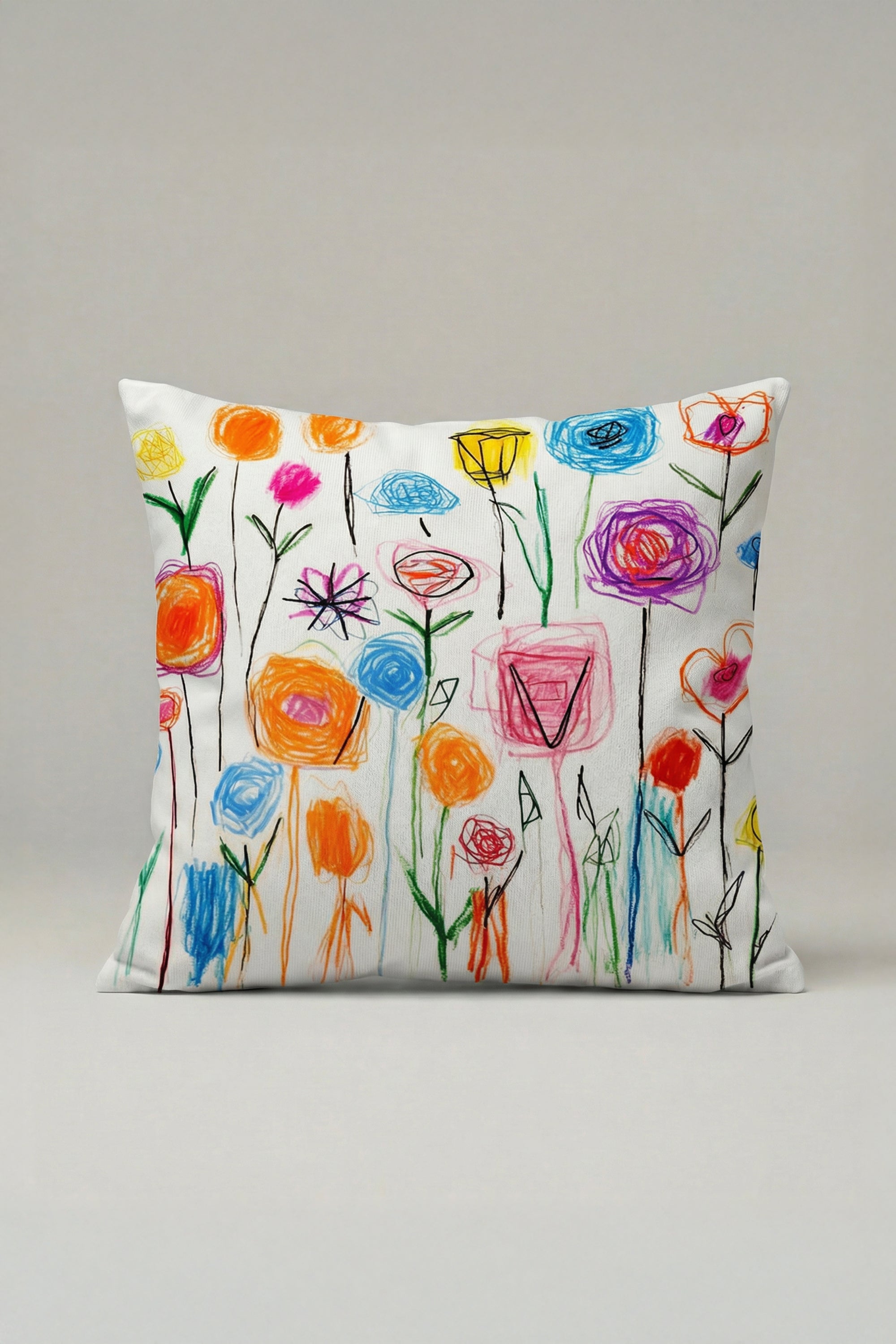 Renkli Çiçekler Çocuk Çizimi Kırlent Kılıfı 052 – Modern Sanatsal Dekoratif Yastık Kılıfı 45x45 cm