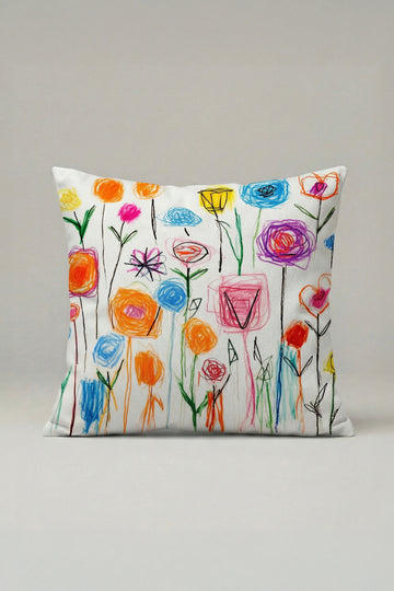 Renkli Çiçekler Çocuk Çizimi Kırlent Kılıfı 052 – Modern Sanatsal Dekoratif Yastık Kılıfı 45x45 cm