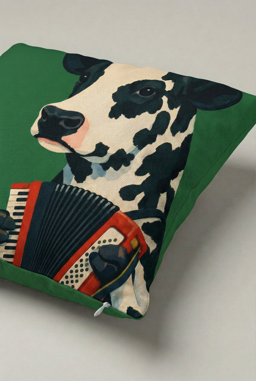 Akordeon Çalan İnek Desenli Kırlent Kılıfı 114 – Moo Music Tasarım 45x45 cm ürün görseli 2