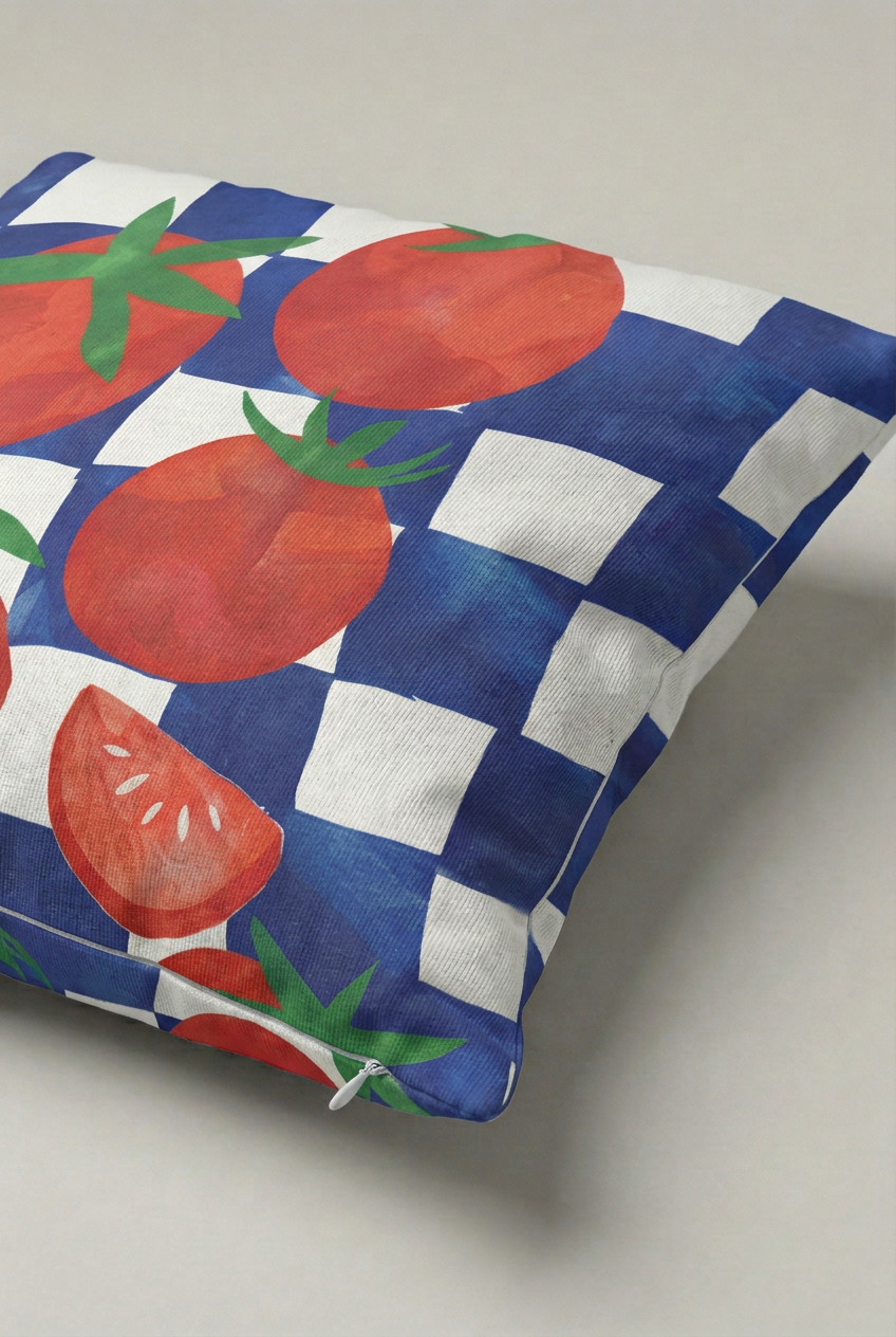 Damalı Zeminde Kırmızı Domates Desenli Kırlent Kılıfı 124 – Tomato Checker Tasarım 45x45 cm ürün görseli 2