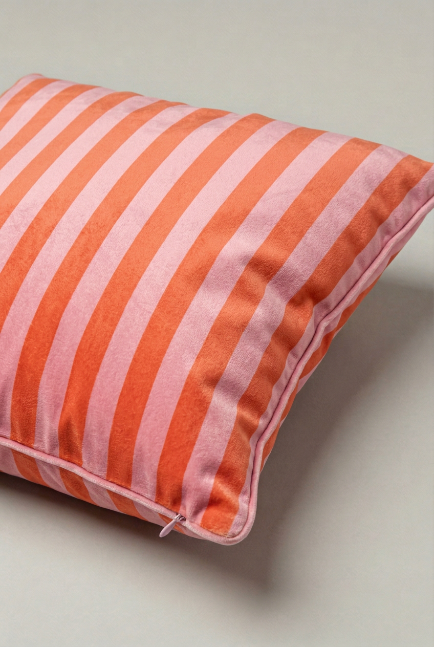 Mercan Pembe Dikey Çizgili Kırlent Kılıfı 127 – Coral Cabana Tasarım 45x45 cm ürün görseli 2