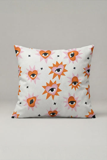 Turuncu Göz ve Yıldız Motifli Kırlent Kılıfı 131 – Orange Cosmic Eyes Tasarım 45x45 cm ürün görseli 1