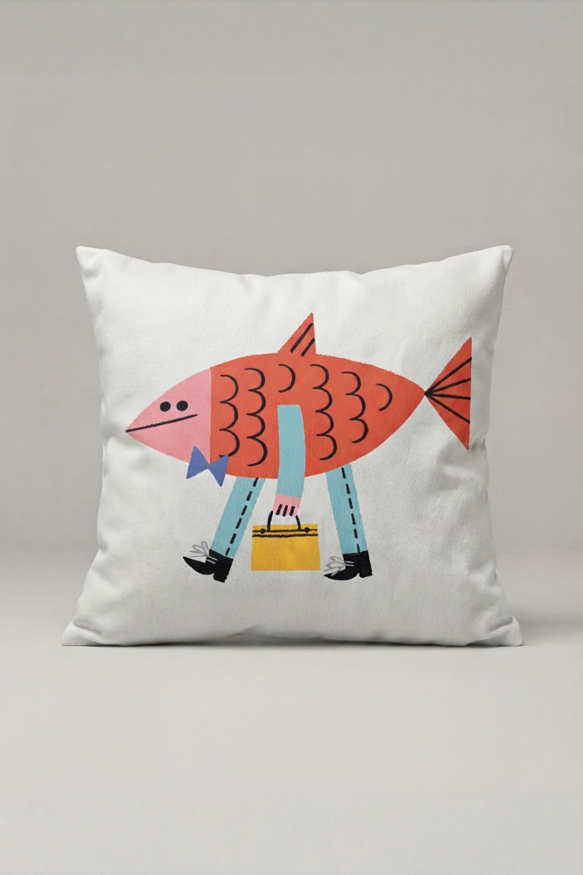 Pembe Balık ve Çizme Desenli Kırlent Kılıfı 143 – Walking Fish Tasarım 45x45 cm ürün görseli 1
