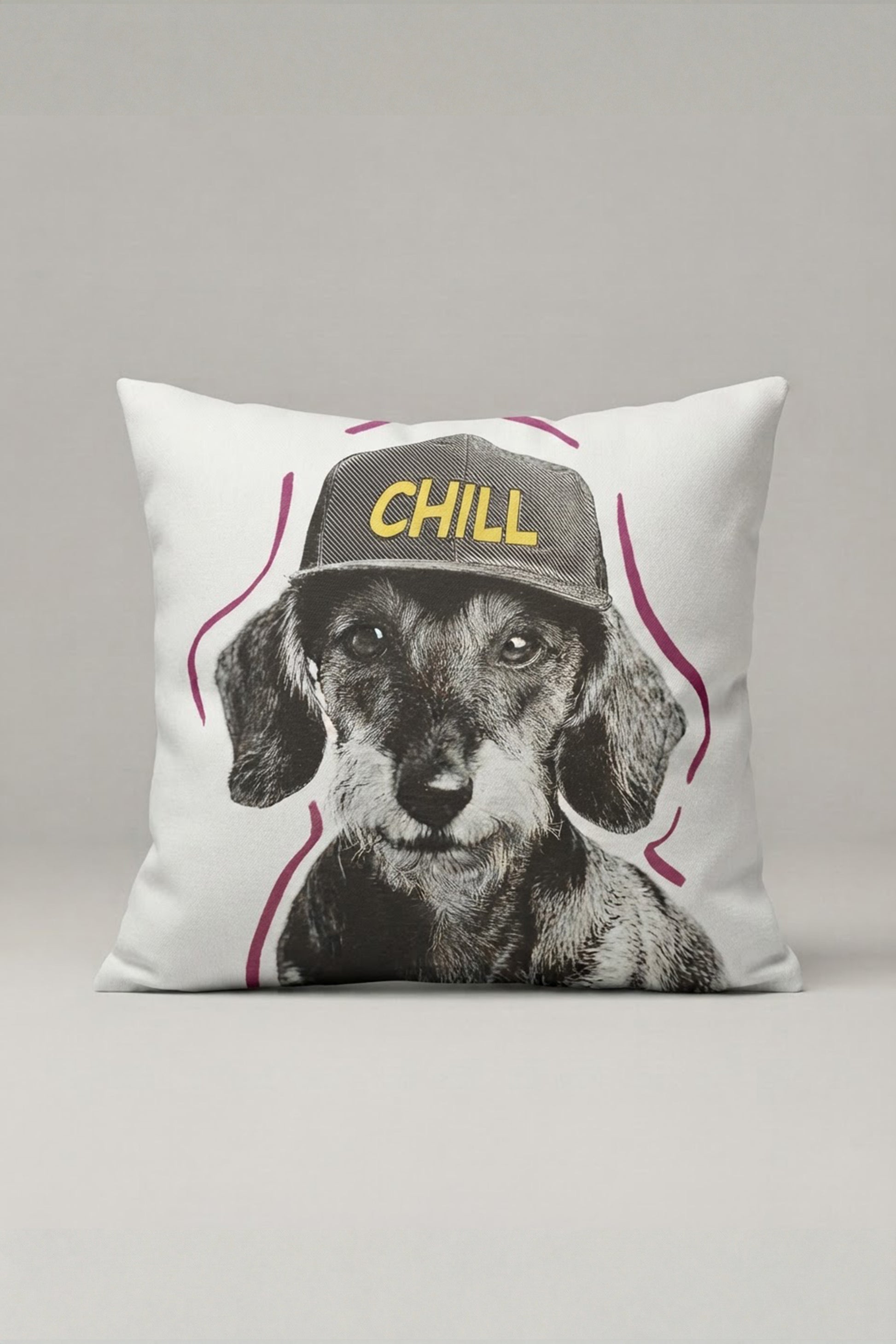 Şapkalı Chill Köpek Desenli Kırlent Kılıfı 170 – Chill Hound Tasarım 45x45 cm ürün görseli 1