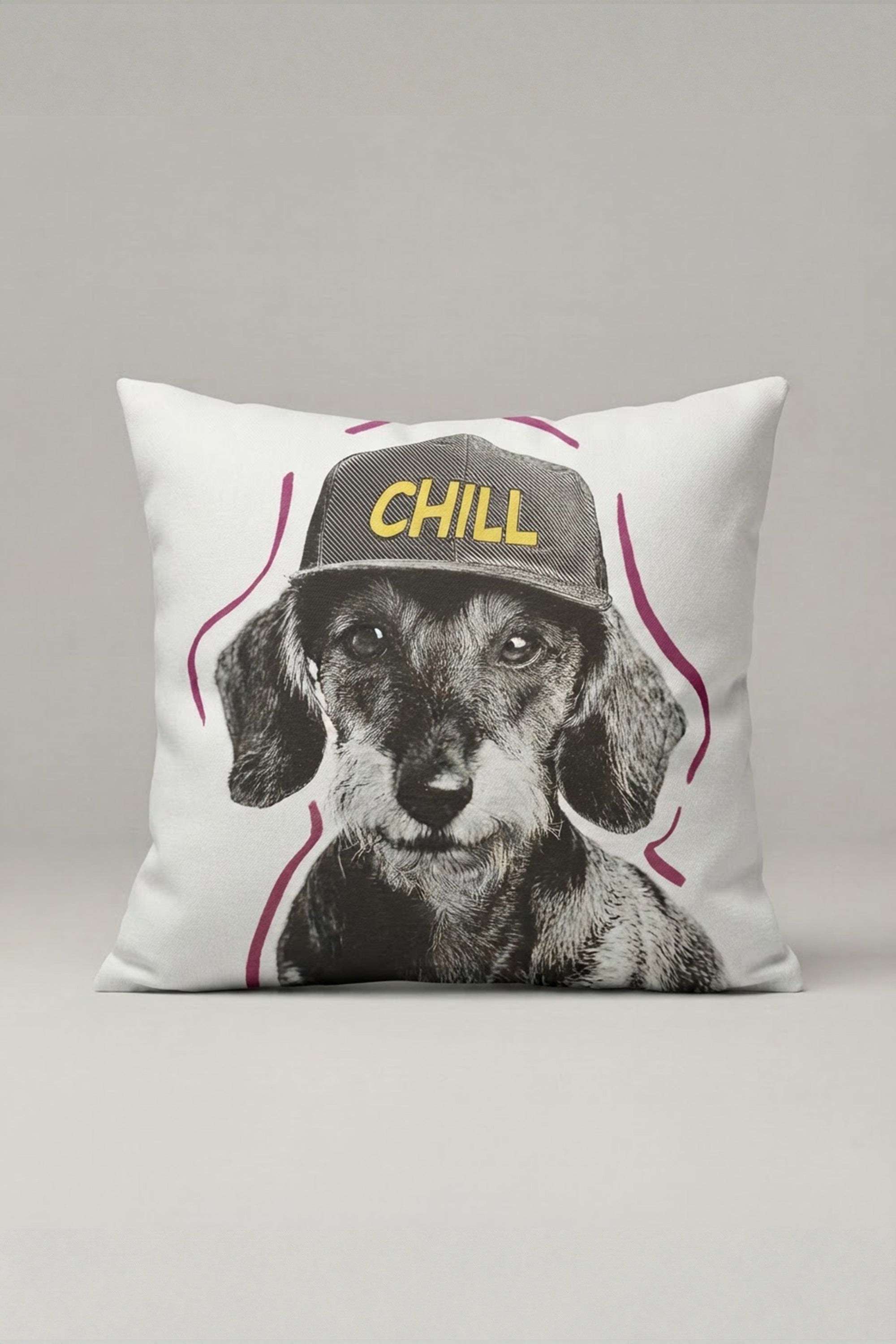 Şapkalı Chill Köpek Desenli Kırlent Kılıfı 170 – Chill Hound Tasarım 45x45 cm ürün görseli 1