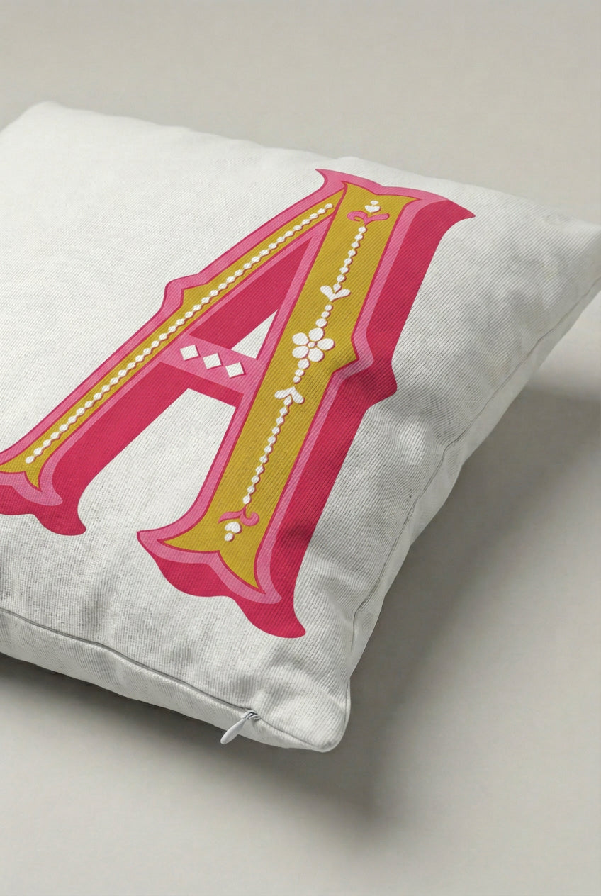 Pembe Sarı Dekoratif A Harfli Kırlent Kılıfı 172 – Ornamental Letter A Tasarım 45x45 cm ürün görseli 2
