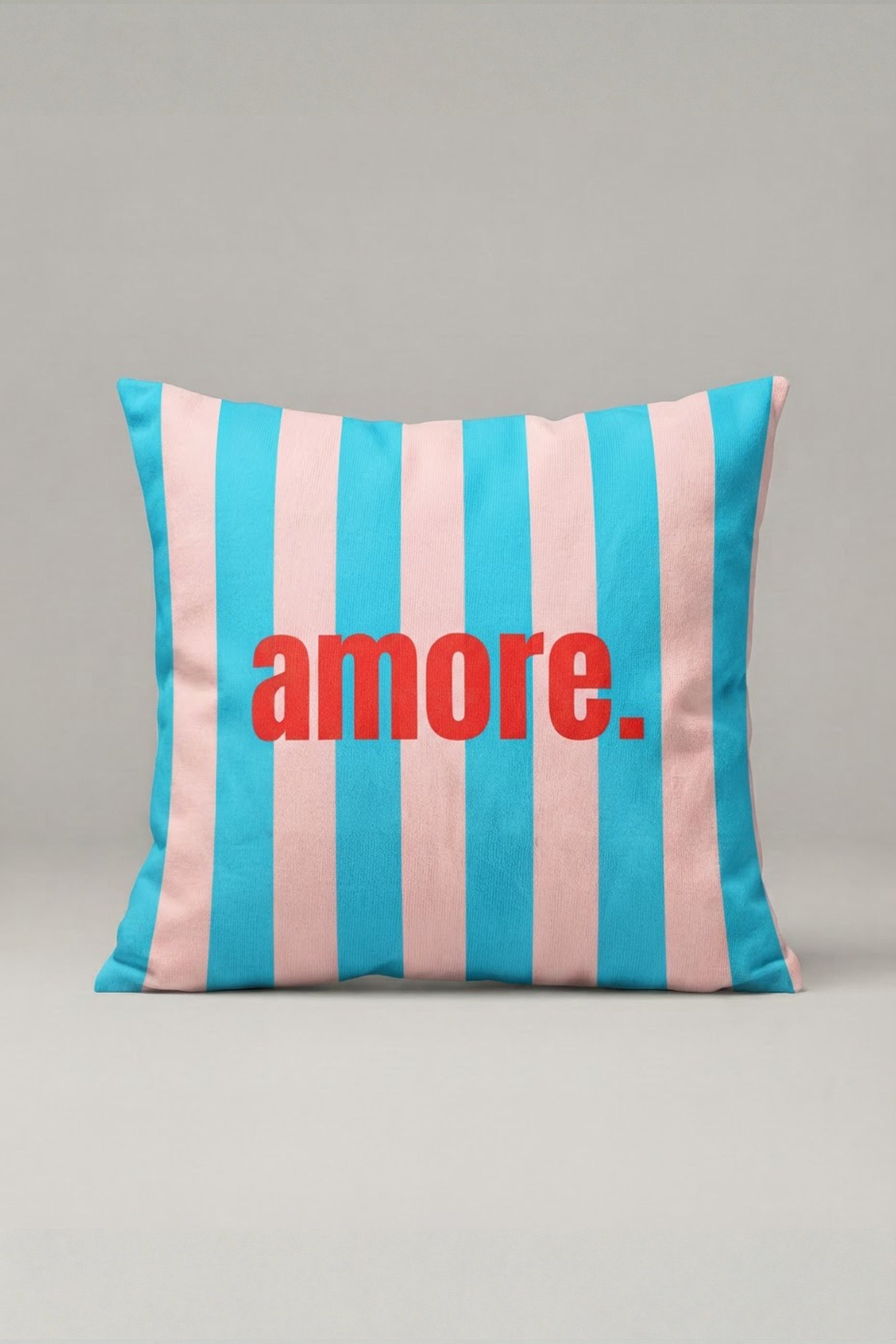 Turkuaz Pembe Çizgili Amore Yazılı Kırlent Kılıfı 175 – Aqua Amore Tasarım 45x45 cm ürün görseli 1