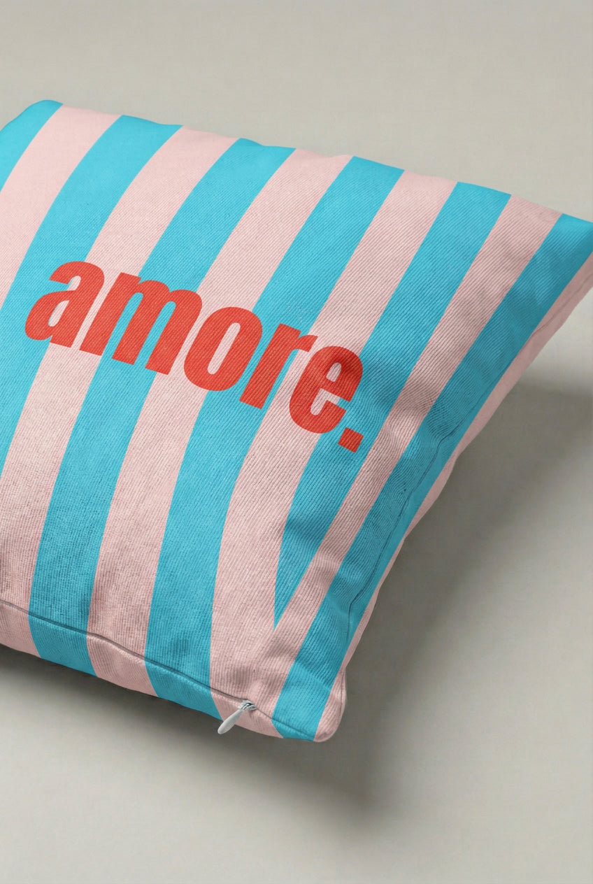Turkuaz Pembe Çizgili Amore Yazılı Kırlent Kılıfı 175 – Aqua Amore Tasarım 45x45 cm ürün görseli 2