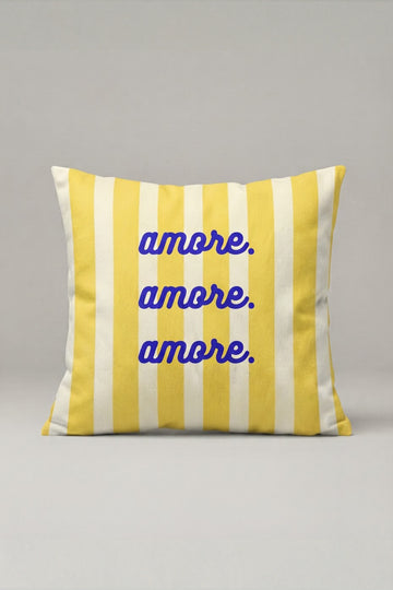 Sarı Beyaz Çizgili Amore Yazılı Kırlent Kılıfı 176 – Lemon Amore Tasarım 45x45 cm ürün görseli 1