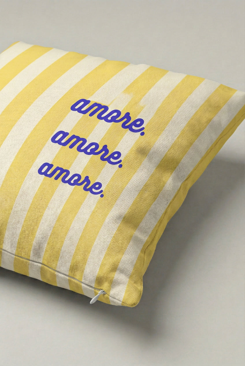 Sarı Beyaz Çizgili Amore Yazılı Kırlent Kılıfı 176 – Lemon Amore Tasarım 45x45 cm ürün görseli 2