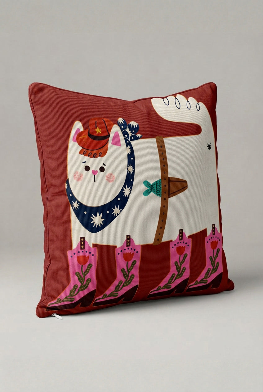 Kırmızı Zemin Kovboy Çizmesi ve Kupa Desenli Kırlent Kılıfı 183 – Western Coffee Tasarım 45x45 cm ürün görseli 2