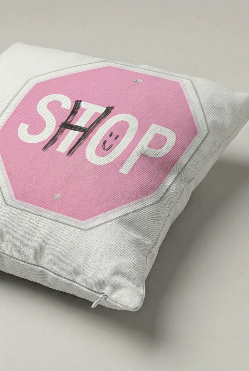 Pembe Stop Tabelası Desenli Kırlent Kılıfı 186 – Pink Stop Sign Tasarım 45x45 cm ürün görseli 2