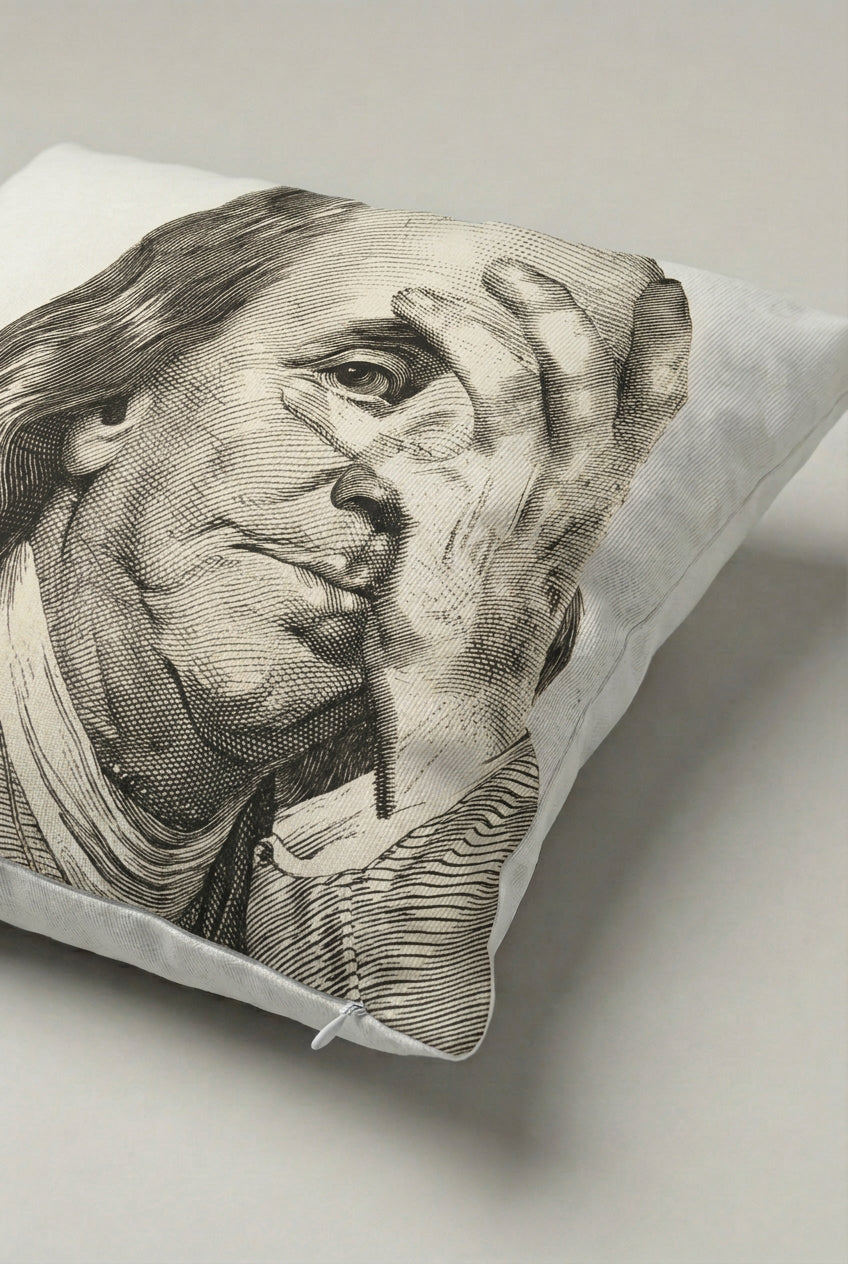 Benjamin Franklin Portreli Kırlent Kılıfı 198 – Thinking Franklin Tasarım 45x45 cm ürün görseli 2