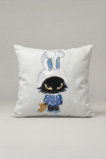 Sevimli Siyah Tavşan Karakterli Kırlent Kılıfı 202 – Midnight Bunny Tasarım 45x45 cm ürün görseli 1