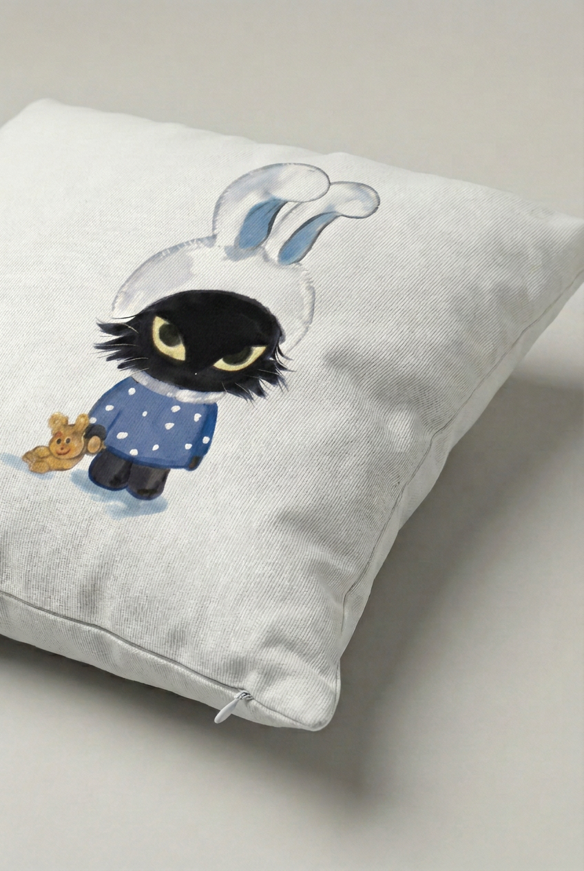 Sevimli Siyah Tavşan Karakterli Kırlent Kılıfı 202 – Midnight Bunny Tasarım 45x45 cm ürün görseli 2