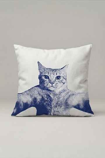 Mavi Çizim Kedi Desenli Kırlent Kılıfı 206 – Blue Sketch Cat Tasarım 45x45 cm ürün görseli 1