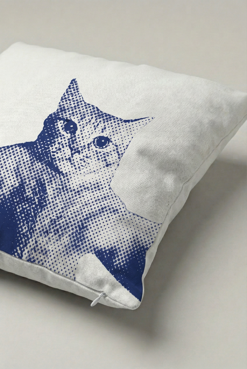 Mavi Çizim Kedi Desenli Kırlent Kılıfı 206 – Blue Sketch Cat Tasarım 45x45 cm ürün görseli 2