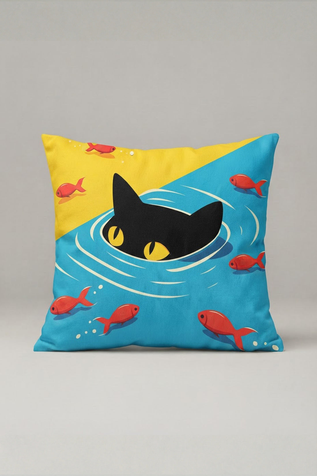 Mavi Zemin Balıklı Siyah Kedi Desenli Kırlent Kılıfı 207 – Fishing Cat Tasarım 45x45 cm ürün görseli 1
