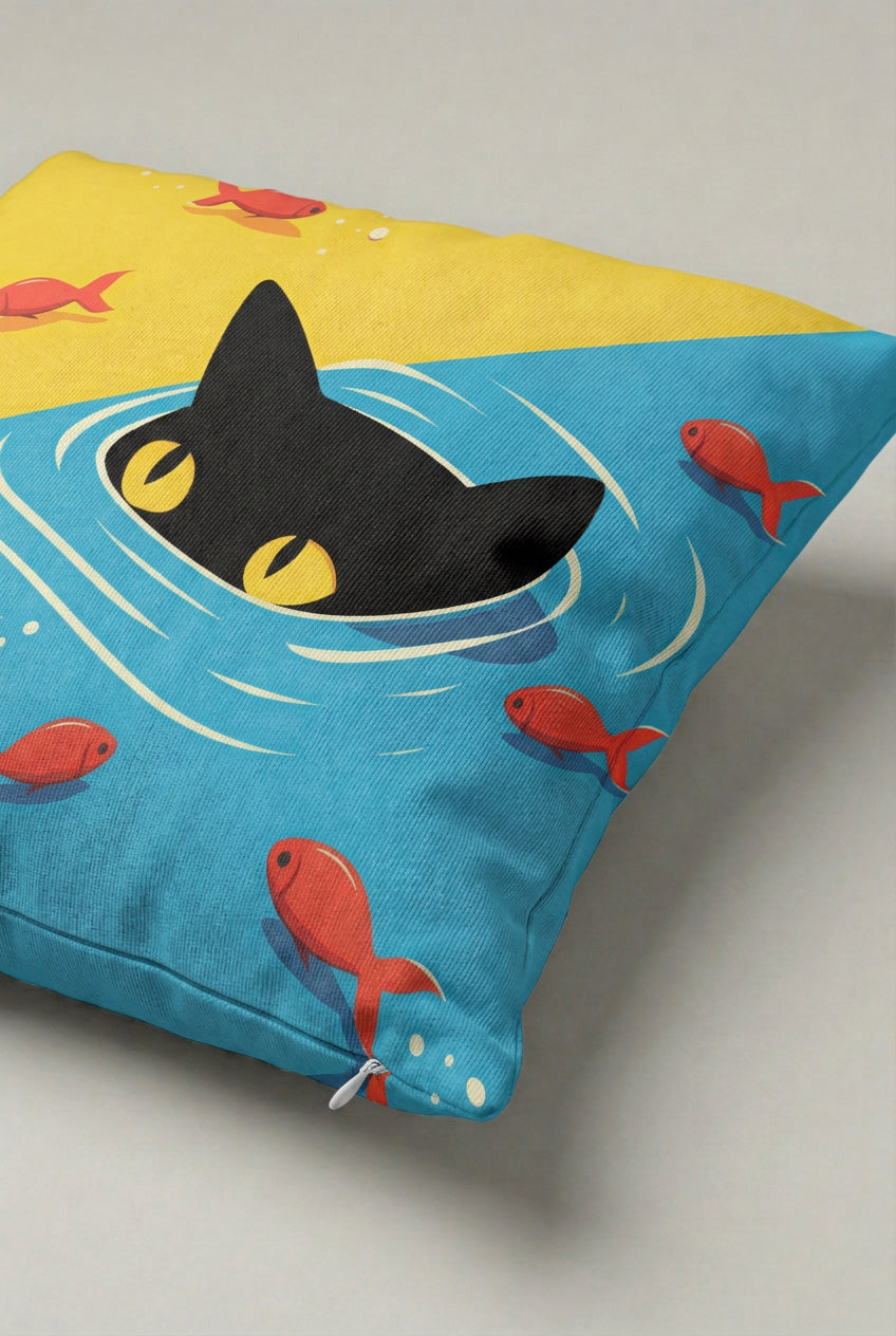 Mavi Zemin Balıklı Siyah Kedi Desenli Kırlent Kılıfı 207 – Fishing Cat Tasarım 45x45 cm ürün görseli 2