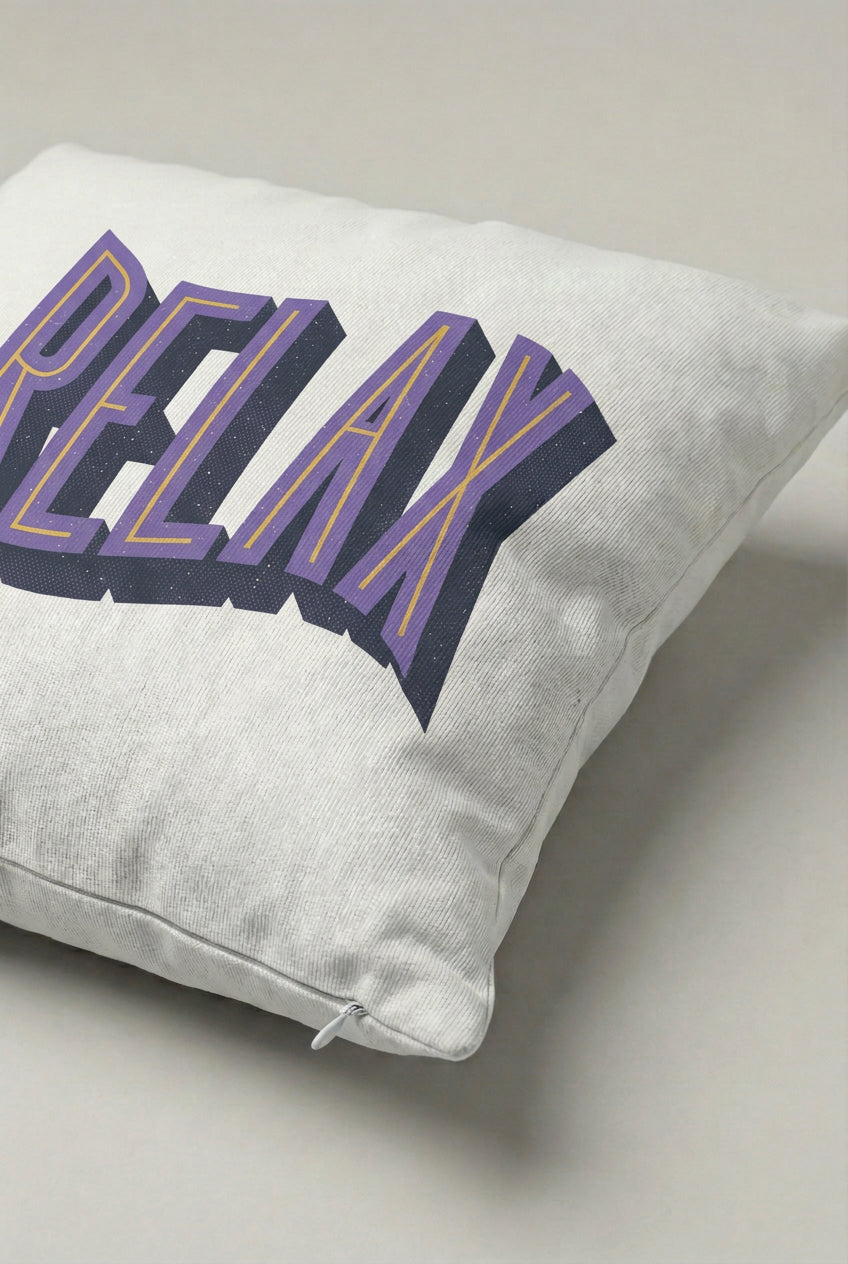 Relax Yazılı Mor Gölge Tipografili Kırlent Kılıfı 208 – Retro Relax Tasarım 45x45 cm ürün görseli 2
