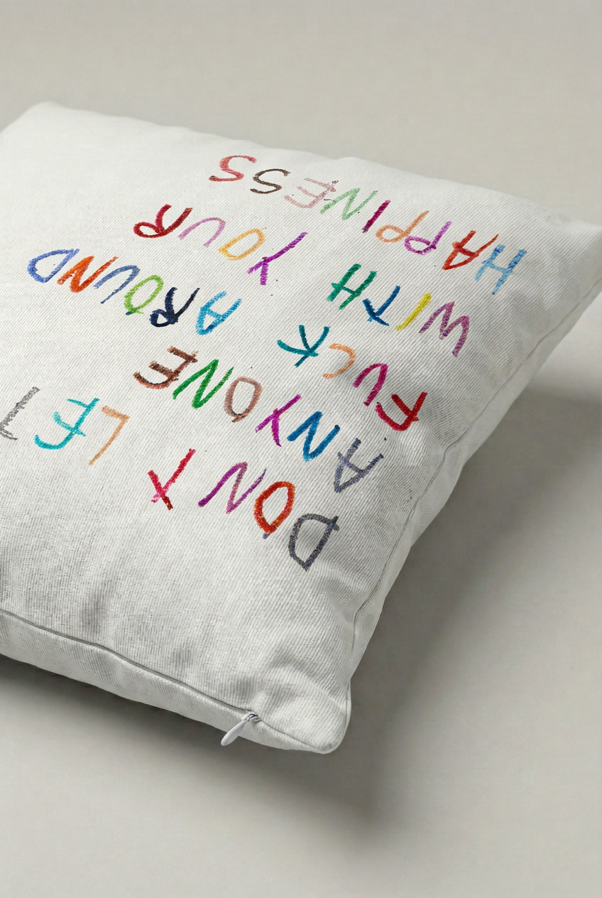 Renkli El Yazılı Mutluluk Mesajlı Kırlent Kılıfı 224 – Happiness Rules Tasarım 45x45 cm ürün görseli 2