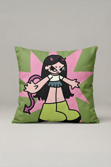 Yeşil Pembe Çizgi Roman Kız Desenli Kırlent Kılıfı 232 – Comic Girl Tasarım 45x45 cm ürün görseli 1