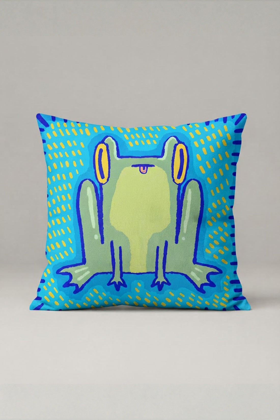 Mavi Yeşil Uzun Bacaklı Kurbağa Desenli Kırlent Kılıfı 249 – Funky Frog Tasarım 45x45 cm ürün görseli 1