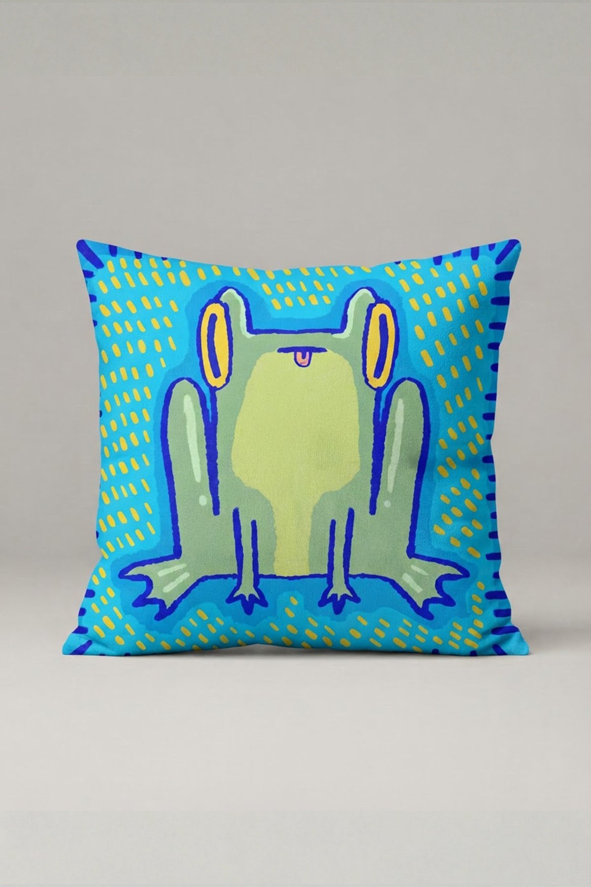 Mavi Yeşil Uzun Bacaklı Kurbağa Desenli Kırlent Kılıfı 249 – Funky Frog Tasarım 45x45 cm ürün görseli 1