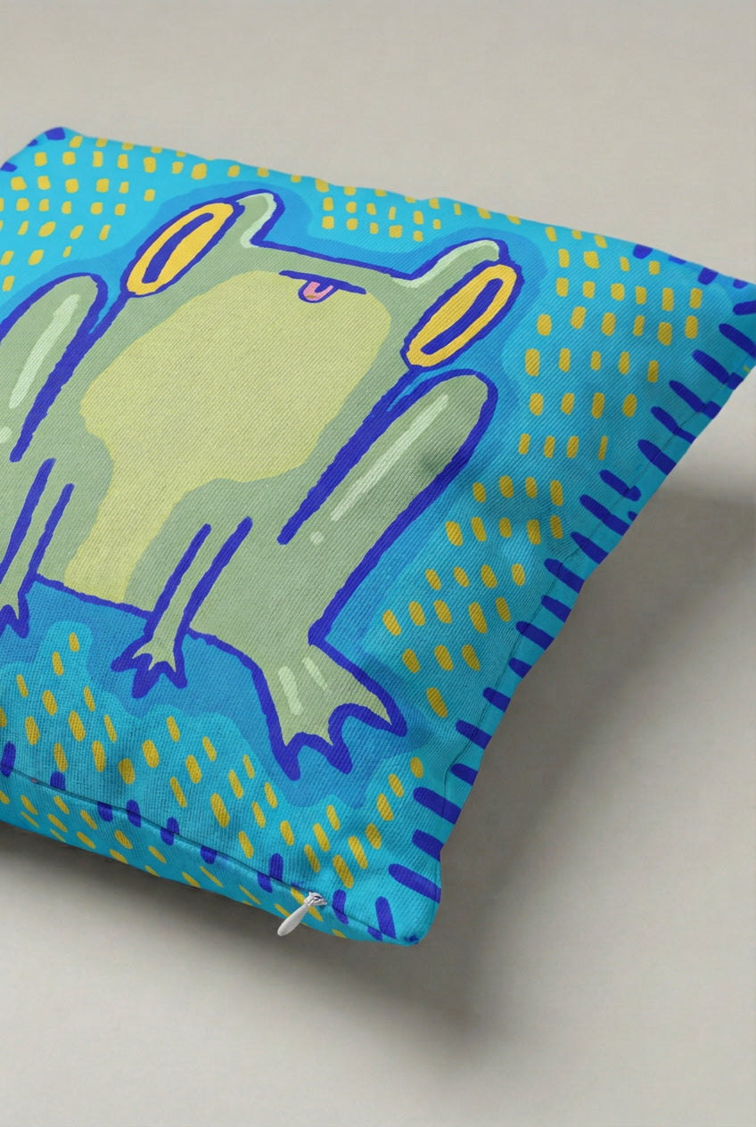 Mavi Yeşil Uzun Bacaklı Kurbağa Desenli Kırlent Kılıfı 249 – Funky Frog Tasarım 45x45 cm ürün görseli 2