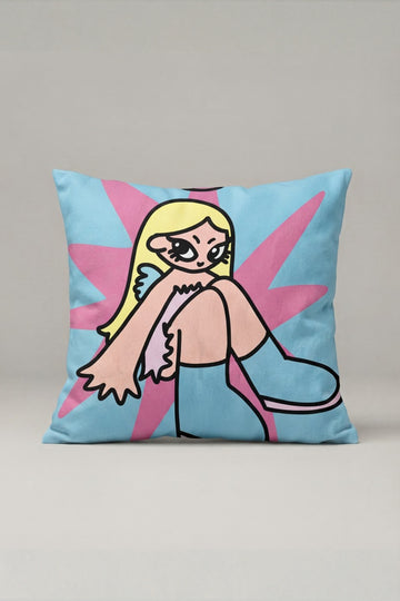 Pembe Mavi Çizgi Roman Kadın Desenli Kırlent Kılıfı 260 – Pop Art Woman Tasarım 45x45 cm ürün görseli 1
