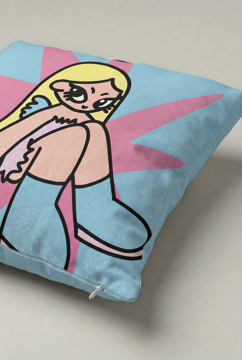 Pembe Mavi Çizgi Roman Kadın Desenli Kırlent Kılıfı 260 – Pop Art Woman Tasarım 45x45 cm ürün görseli 2