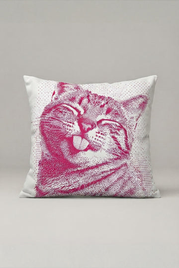Fuşya Çizgili Kedi Portreli Kırlent Kılıfı 262 – Magenta Cat Tasarım 45x45 cm ürün görseli 1