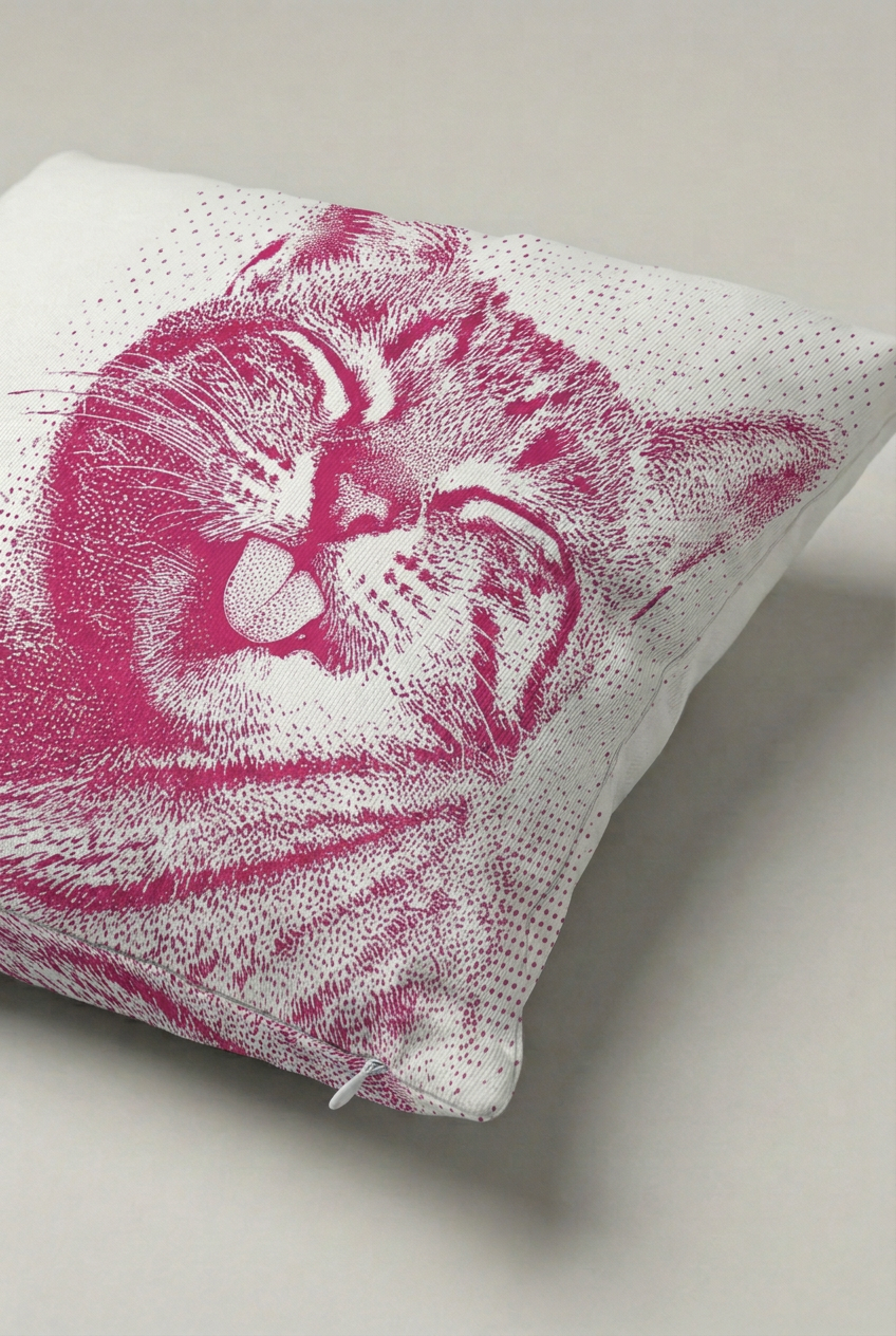 Fuşya Çizgili Kedi Portreli Kırlent Kılıfı 262 – Magenta Cat Tasarım 45x45 cm ürün görseli 2