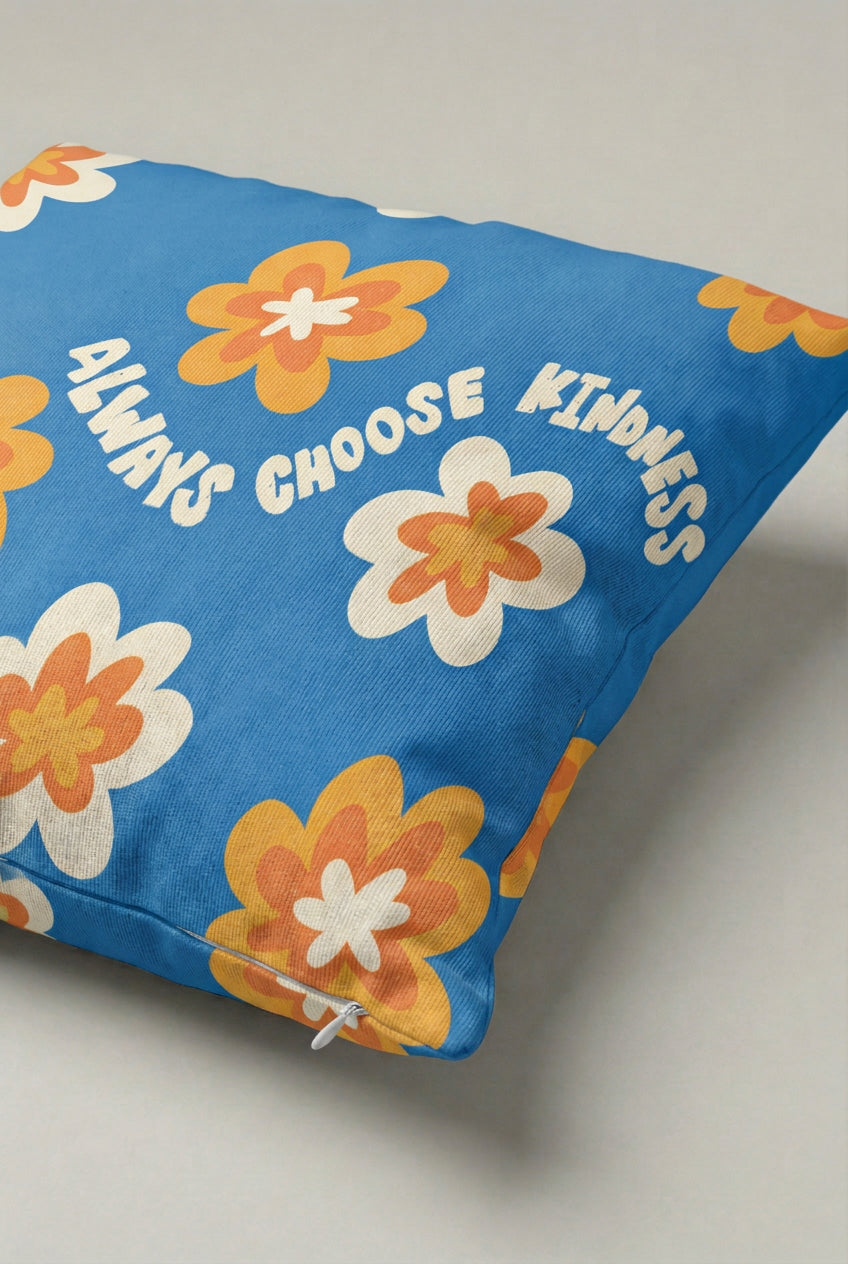 Mavi Turuncu Çiçekli More Kindness Yazılı Kırlent Kılıfı 274 – Kindness Flowers Tasarım 45x45 cm ürün görseli 2