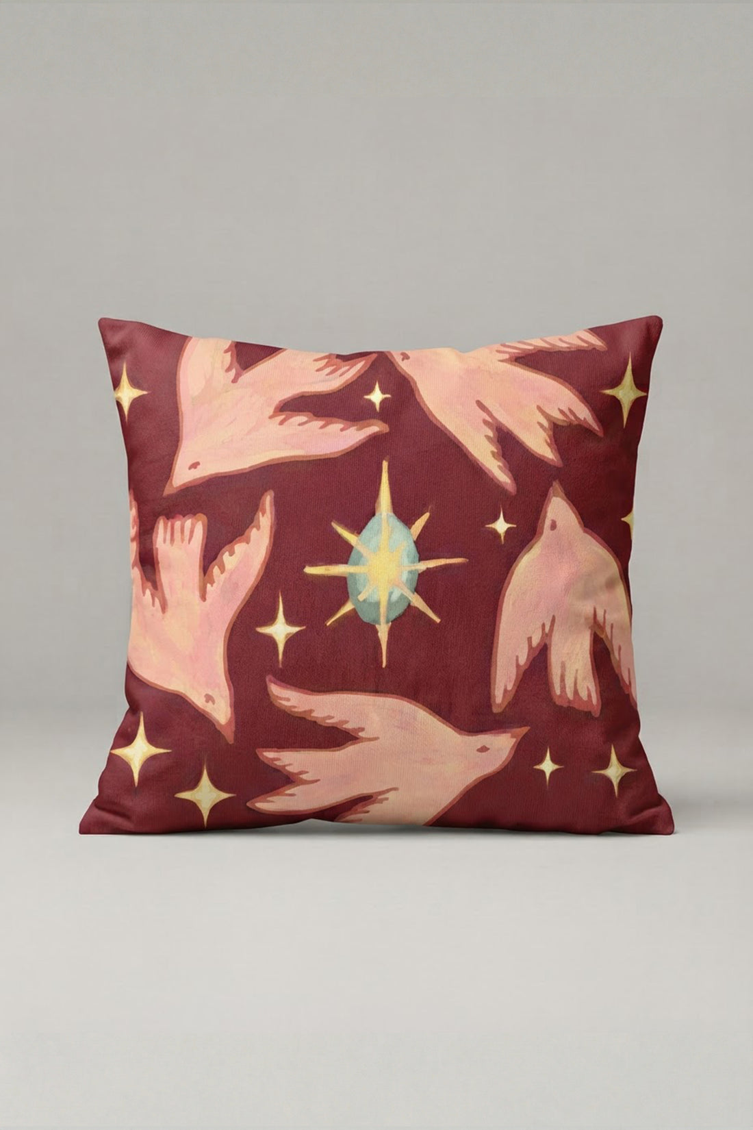 Bordo Zemin Eller ve Yıldız Desenli Kırlent Kılıfı 287 – Celestial Hands Tasarım 45x45 cm ürün görseli 1
