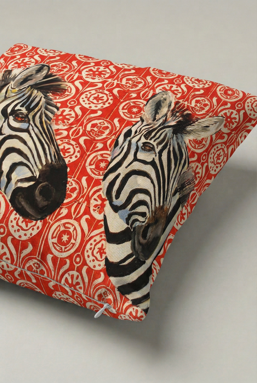 Kırmızı Oryantal Zeminde Zebra Desenli Kırlent Kılıfı 297 – Zebra Bazaar Tasarım 45x45 cm ürün görseli 2