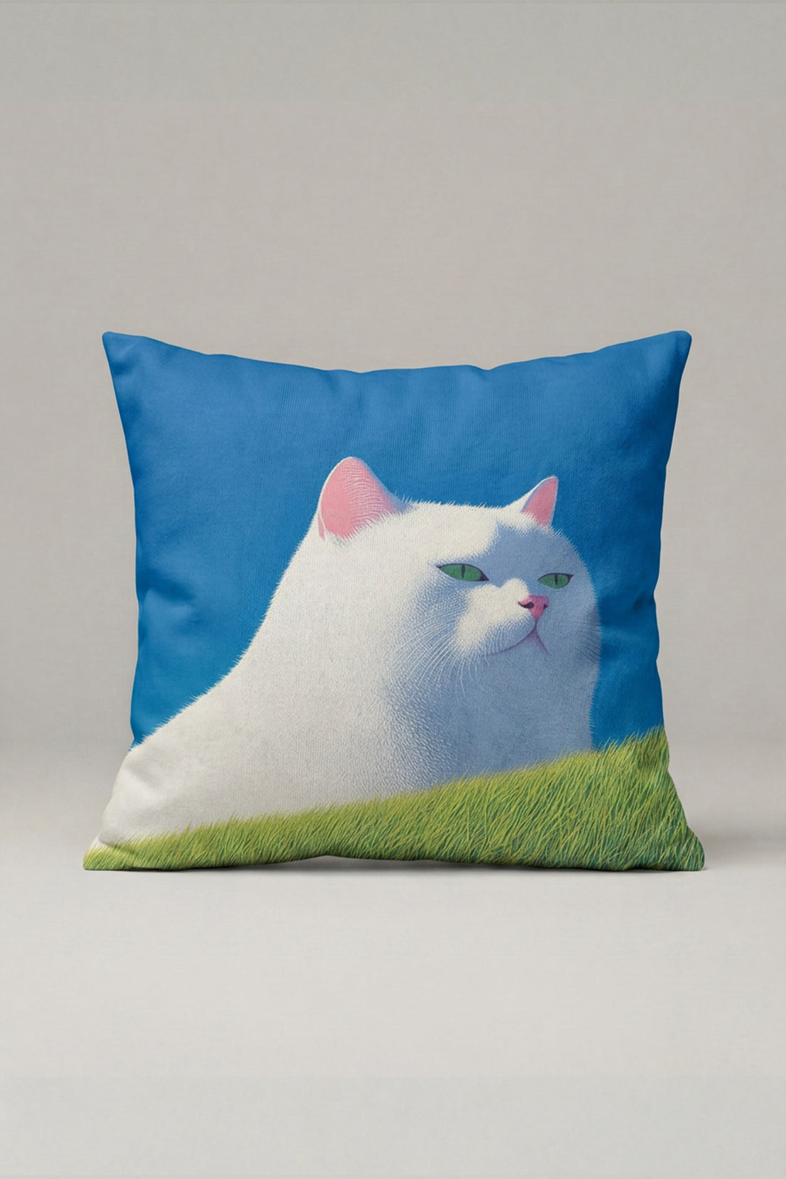Mavi Zemin Beyaz Kedi Desenli Kırlent Kılıfı 303 – Blue Meadow Cat Tasarım 45x45 cm ürün görseli 1