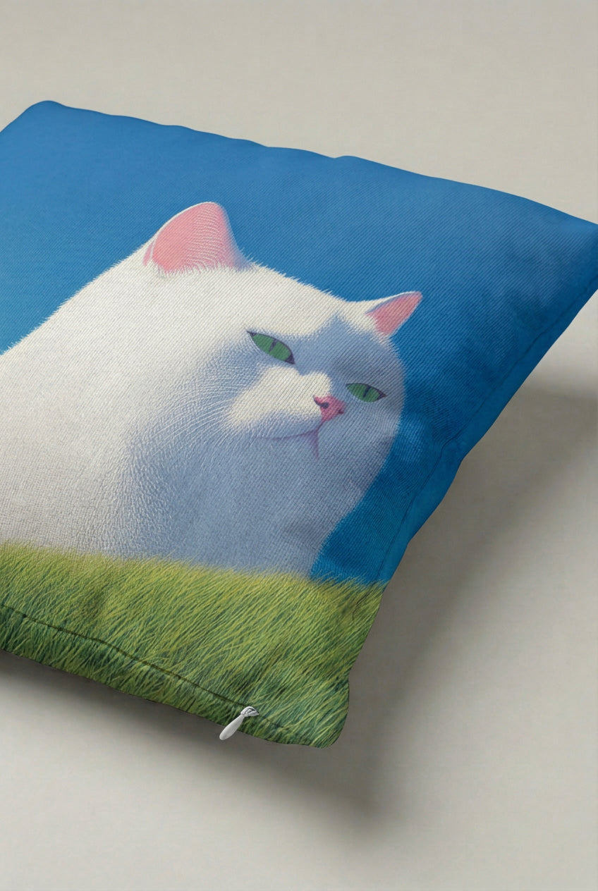 Mavi Zemin Beyaz Kedi Desenli Kırlent Kılıfı 303 – Blue Meadow Cat Tasarım 45x45 cm ürün görseli 2
