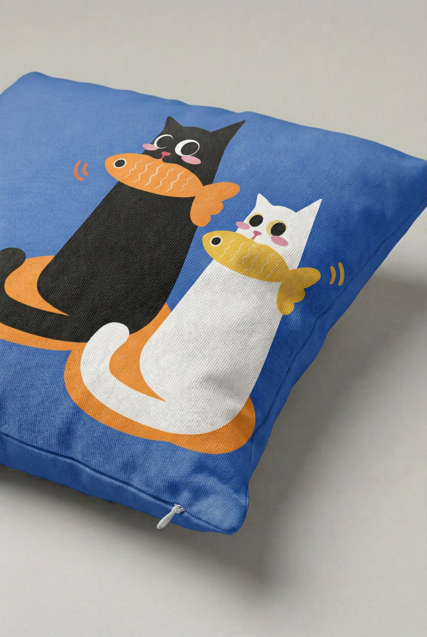 Mavi Zemin Siyah Beyaz İki Kedi Desenli Kırlent Kılıfı 317 – Cat Duo Tasarım 45x45 cm ürün görseli 2