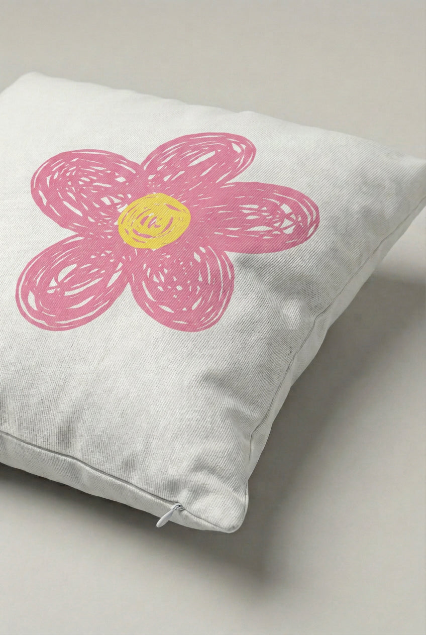 Pembe Çizim Çiçek Desenli Kırlent Kılıfı 326 – Pink Daisy Tasarım 45x45 cm ürün görseli 2