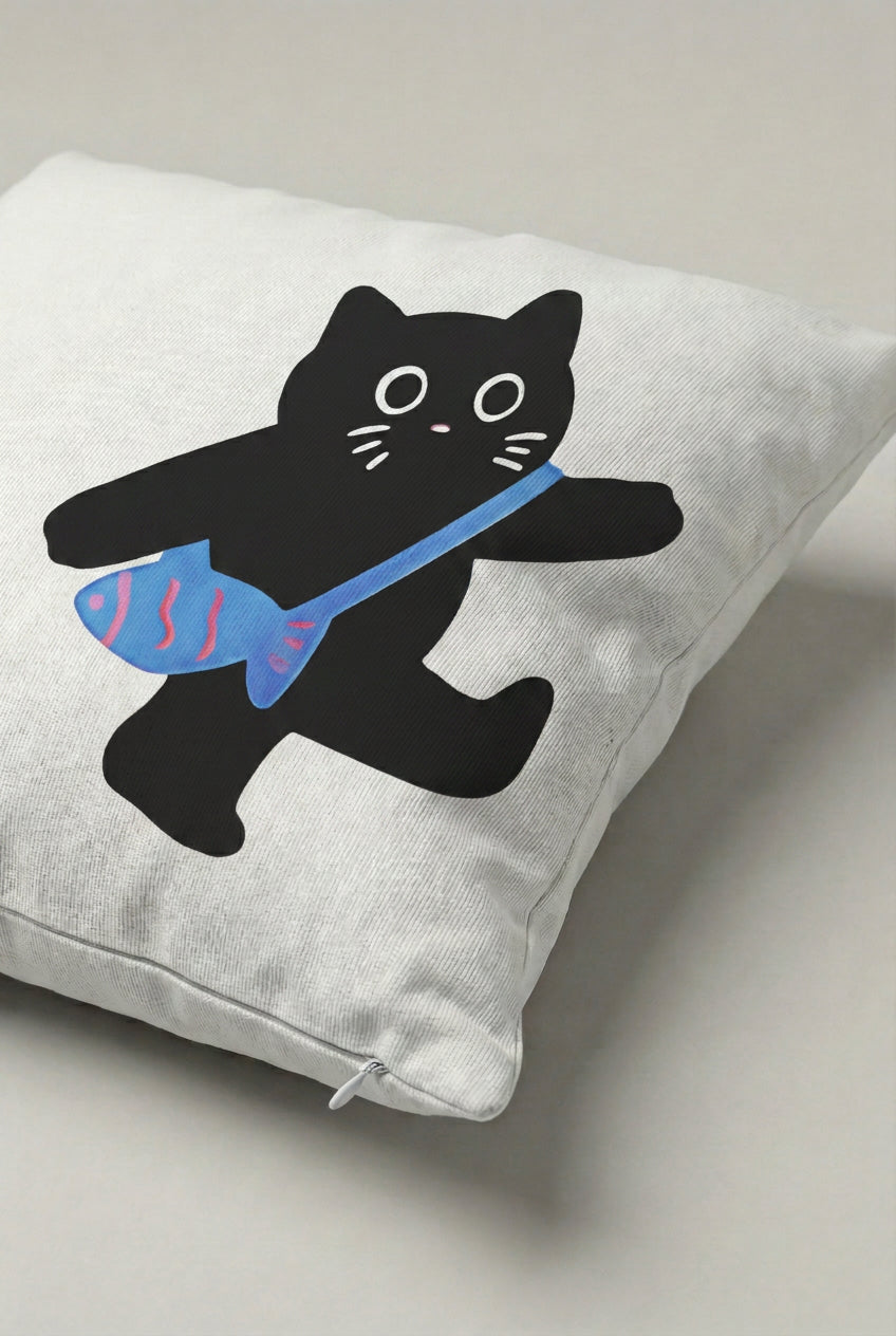 Mavi Fularlı Siyah Dans Eden Kedi Desenli Kırlent Kılıfı 338 – Dancing Cat Tasarım 45x45 cm ürün görseli 2
