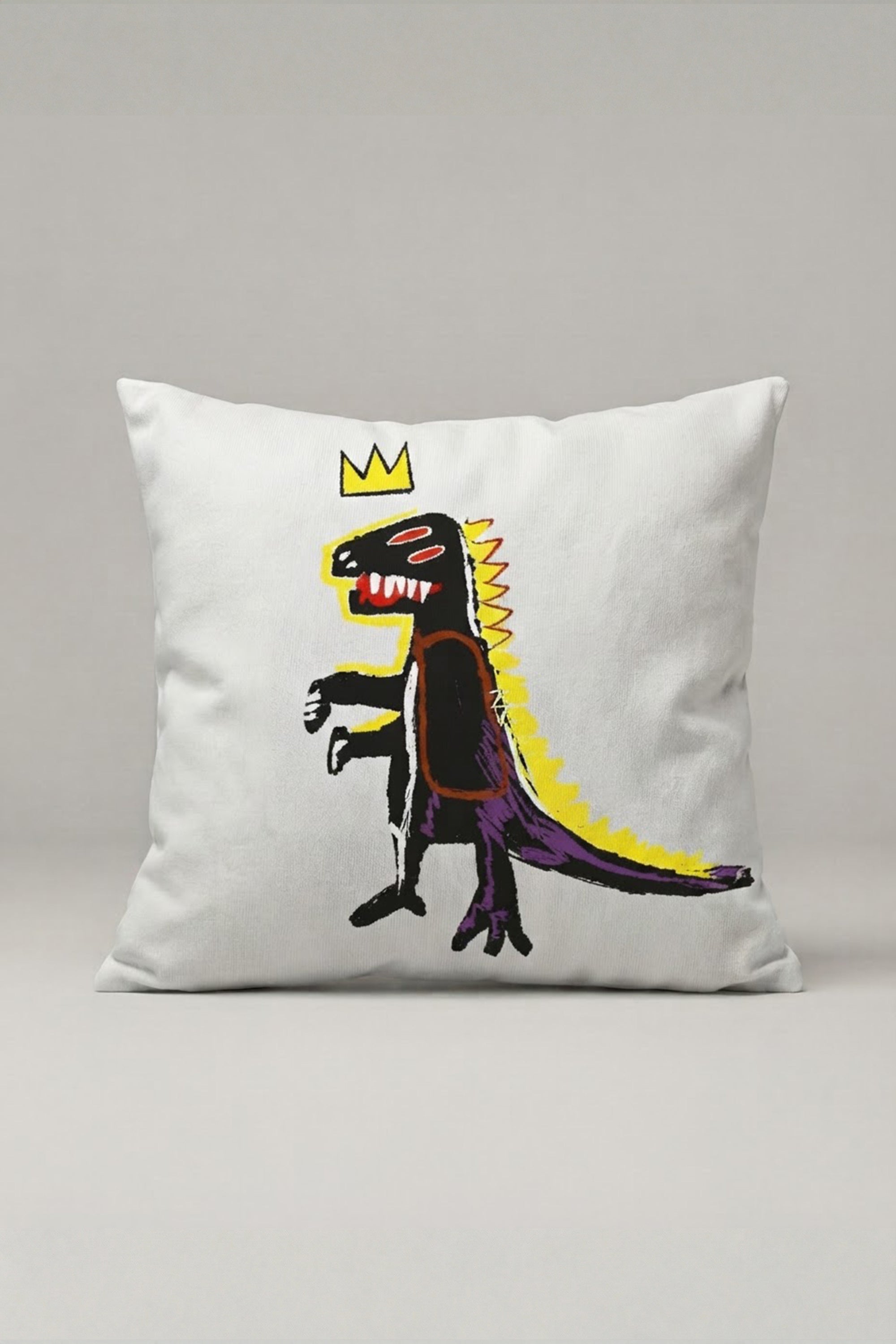 Taçlı Siyah Dinozor Desenli Kırlent Kılıfı 344 – Dino King Tasarım 45x45 cm ürün görseli 1
